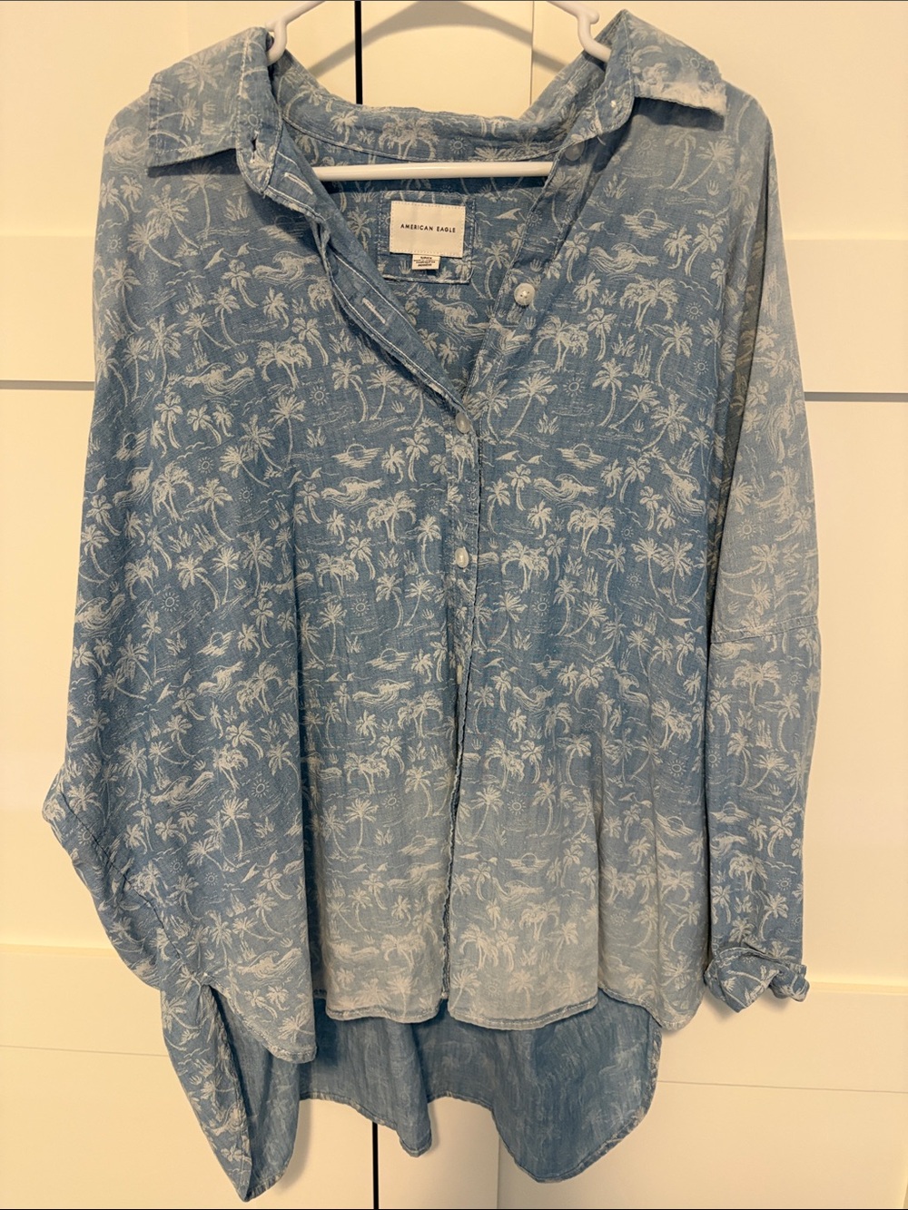 American Eagle Light Blue Tropical Print Shirt